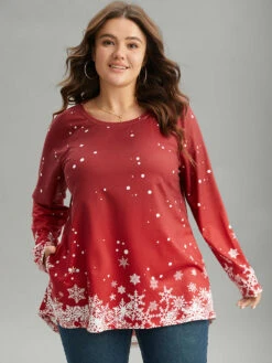 Christmas Snowflake Raglan Sleeve High Low Hem T-shirt