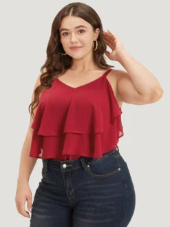 Plain Flutter Trim Tiered Cami Bodysuit -Bloomchic Shop 102388953 bi