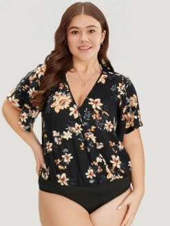 Floral Print Surplice Neck Ruffle Sleeve Bodysuit -Bloomchic Shop 103070426 hd