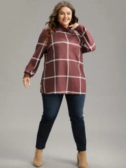 Plaid Geometric Contrast Funnel Neck T-shirt -Bloomchic Shop 103399703 dk