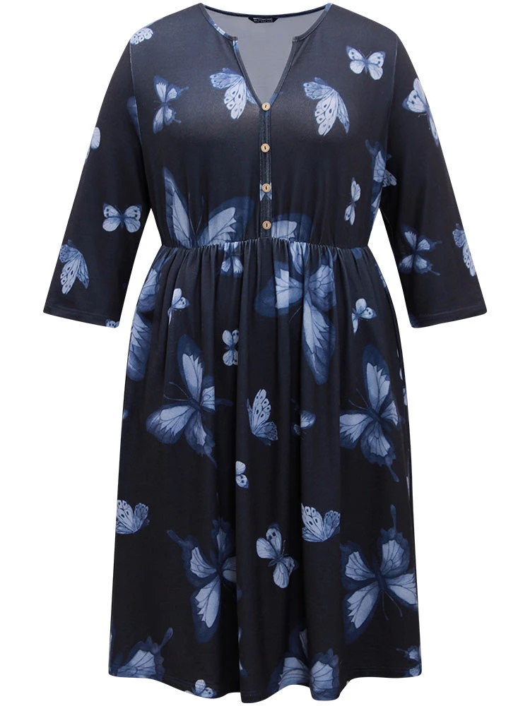 Butterfly Print Notched Elastic Waist Button Detail Dress 9 Butterfly Print Notched Elastic Waist Button Detail Dress - Image 7