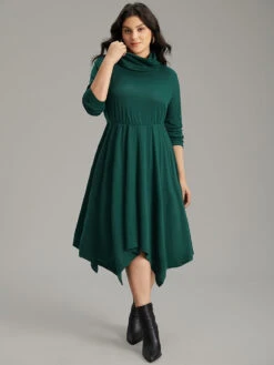 Solid Turtleneck Hanky Hem Pocket Dress