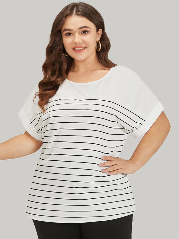 Striped Patchwork Roll Batwing Sleeve Blouse 6 Striped Patchwork Roll Batwing Sleeve Blouse - Image 4