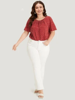 Polka Dot Elastic Waist Plicated Detail Ruffle Sleeve Bodysuit -Bloomchic Shop 106471073 ii