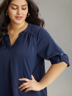 Static-Free Solid Gathered Tab Sleeve Blouse -Bloomchic Shop 106580790 ta a971330b 5809 4fdd 8936 407db47461ad