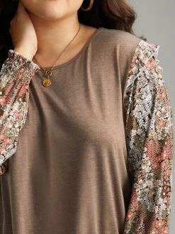 Floral Print Shirred Cuffs Ruffle Trim T-shirt -Bloomchic Shop 107776448 iq