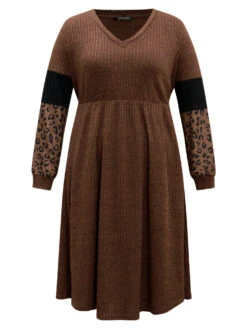 Rib Knit Leopard Print Patchwork Dress -Bloomchic Shop 108369899 oh