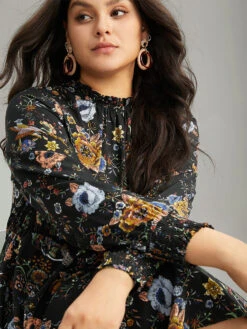 Floral Print Shirred Gathered Stand Collar Dress -Bloomchic Shop 108997641 kd