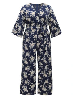 Floral Print Bell Sleeve Pocket Belted Jumpsuit -Bloomchic Shop 109666371 hr