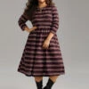 Striped Print Round Neck Pocket Elastic Waist Dress
