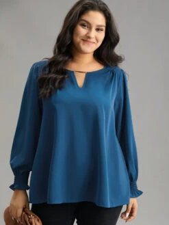 Static-Free Plain Metal Detail Keyhole Shirred Blouse