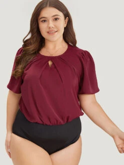 Plain Keyhole Plicated Detail Puff Sleeve Bodysuit -Bloomchic Shop 110494514 es