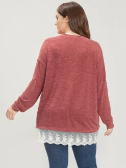 Solid Round Neck Lace Hem Long Tee -Bloomchic Shop 111082071 yu