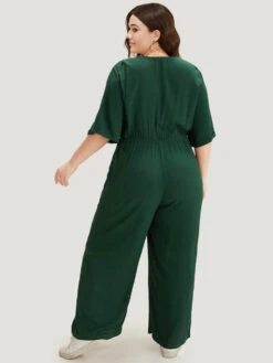 Plain Textured V Neck Pocket Button Through Drawstring Jumpsuit -Bloomchic Shop 111500562 zc