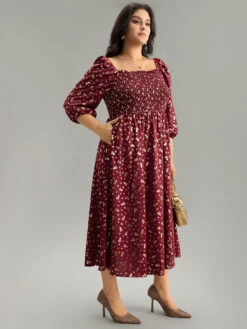 Glitter Square Neck Shirred Split Front Frill Trim Dress 15 Glitter Square Neck Shirred Split Front Frill Trim Dress -Bloomchic Shop 111665918 bx