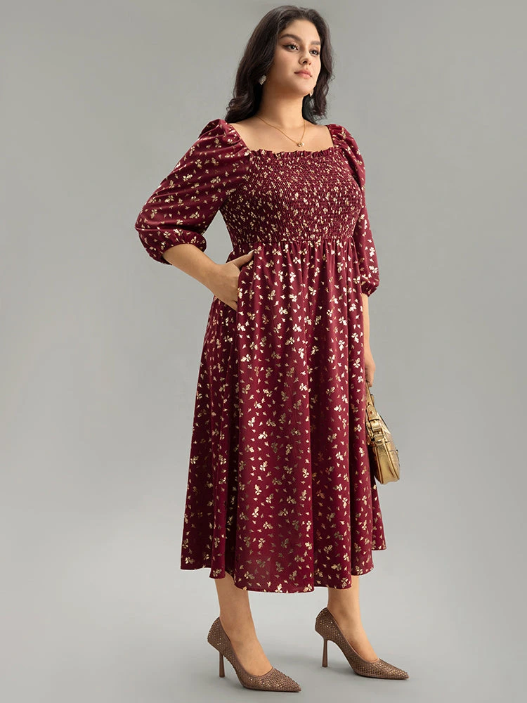 Glitter Square Neck Shirred Split Front Frill Trim Dress 7 Glitter Square Neck Shirred Split Front Frill Trim Dress - Image 5