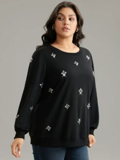 Beaded Floral Elastic Cuffs Sweatshirt 13 Beaded Floral Elastic Cuffs Sweatshirt -Bloomchic Shop 112165972 gj