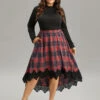 Plaid Lace Panel Pocket High Low Hem Skirt -Bloomchic Shop 114260527 so