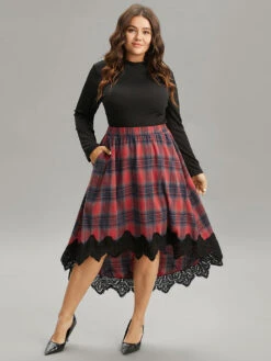 Plaid Lace Panel Pocket High Low Hem Skirt