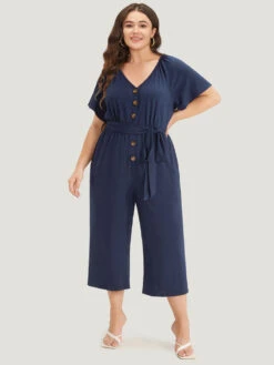 Solid Button Up V Neck Belted Gathered Flutter Sleeve Jumpsuit