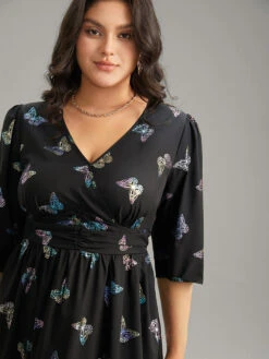 Butterfly Glitter V Neck Ruched Dress -Bloomchic Shop 114760218 kk