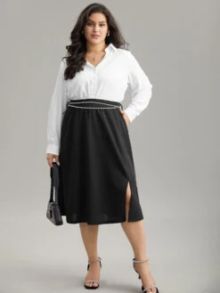 Plain Pearl Beaded Detail Split Side Skirt 12 Plain Pearl Beaded Detail Split Side Skirt -Bloomchic Shop 115411661 cl