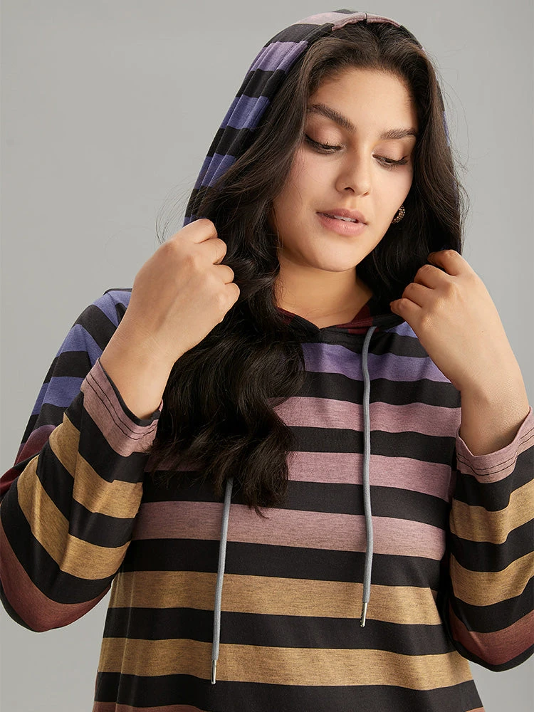 Colour Striped Ombre Hooded Drawstring T-shirt 6 Colour Striped Ombre Hooded Drawstring T-shirt - Image 4