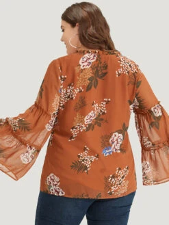 Floral Print Knot Neck Frill Trim Mesh Bell Sleeve Blouse -Bloomchic Shop 116618750 cd