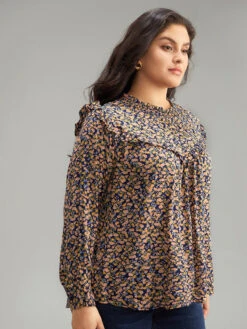 Ditsy Floral Shirred Ruffle Trim Blouse -Bloomchic Shop 116675807 os