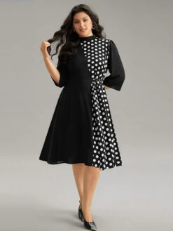 Polka Dot Patchwork Mock Neck Elastic Waist Dress -Bloomchic Shop 117421767 on