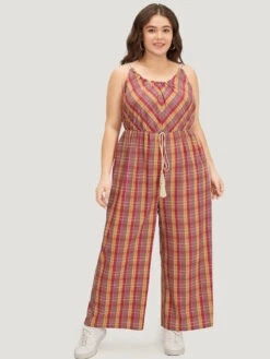 Plaid Print Tassels Knotted Pocket Cami Jumpsuit 13 Plaid Print Tassels Knotted Pocket Cami Jumpsuit -Bloomchic Shop 118316906 wg