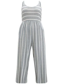 Striped Pocket Elastic Waist Cami Jumpsuits -Bloomchic Shop 118625956 qp
