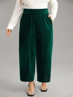 Solid Textured Velvet Elastic Waist Gathered Pants -Bloomchic Shop 118722035 cz