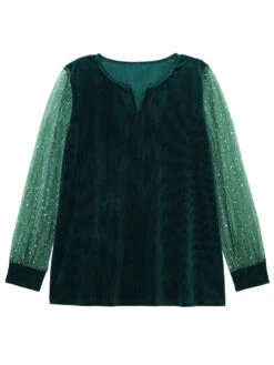 Velvet Patchwork Mesh Sequin Notched T-shirt -Bloomchic Shop 119596588 sh