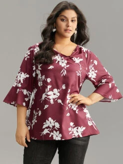 Silhouette Floral Print Ruffle Sleeve Twist Front Blouse -Bloomchic Shop 119768236 lj