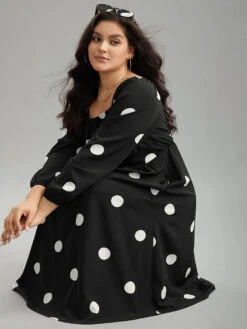 Polka Dot Square Neck Gathered Elastic Cuffs Dress -Bloomchic Shop 119866455 hs
