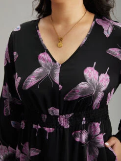 Butterfly Print Pocket Shirred Cuffs Dress -Bloomchic Shop 119947157 zs