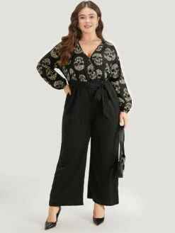 Halloween Skull Print Pocket Elastic Waist Belted Jumpsuit -Bloomchic Shop 12052145 lo
