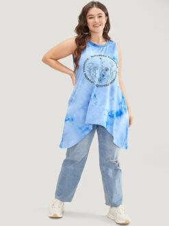 Floral & Letter Print Asymmetrical Hem Tie Dye Tank Top -Bloomchic Shop 121321818 ba