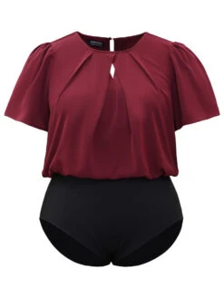 Plain Keyhole Plicated Detail Puff Sleeve Bodysuit -Bloomchic Shop 121652232 bo
