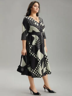Polka Dot Geometric Print Belted Wrap Dress -Bloomchic Shop 122144740 gc