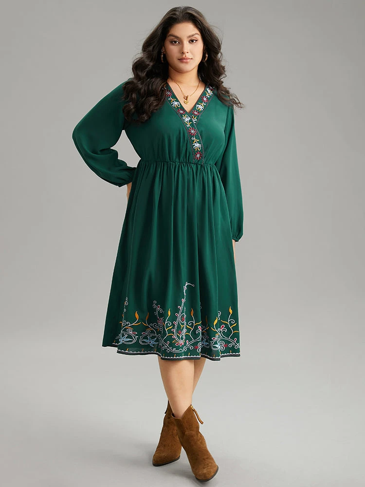 Boho Print Embroidered Wrap Lantern Sleeve Dress 4 Boho Print Embroidered Wrap Lantern Sleeve Dress - Image 2