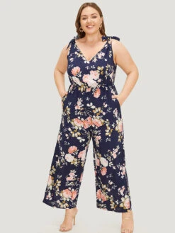 Floral Belt Pocket Knot Shoulder Jumpsuit -Bloomchic Shop 122593867 ha