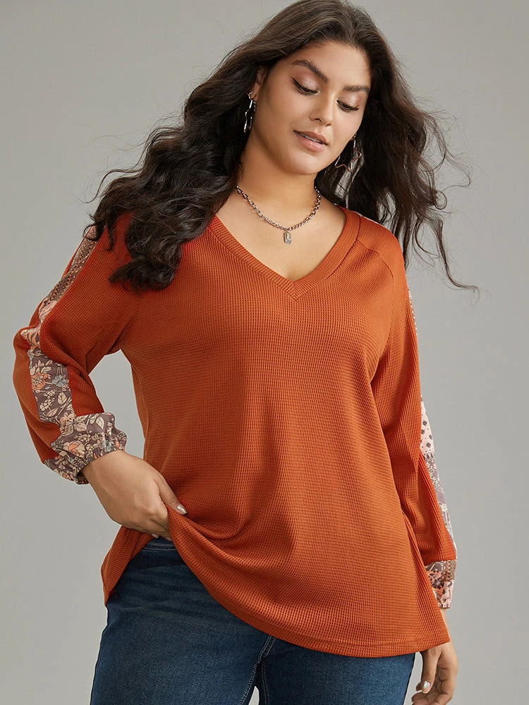 Waffle Knit Boho Print Patchwork Raglan Sleeve T-shirt 6 Waffle Knit Boho Print Patchwork Raglan Sleeve T-shirt - Image 4