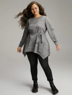 Solid Heather Belted Hanky Hem T-shirt -Bloomchic Shop 123499467 zg