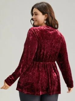 Velvet Overlap Collar Elastic Waist Buckle Detail Blouse -Bloomchic Shop 124816709 hj