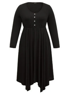 Supersoft Essentials Button Detail Hanky Hem Scoop Neck Dress -Bloomchic Shop 124923876 xs