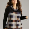 Plaid Patchwork Contrast Cowl Neck T-shirt 1 Plaid Patchwork Contrast Cowl Neck T-shirt -Bloomchic Shop 125813210 ms