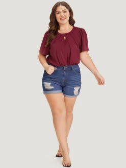 Plain Keyhole Plicated Detail Puff Sleeve Bodysuit -Bloomchic Shop 125988466 ce