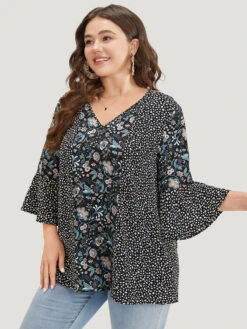 Plants Print Patchwork V Neck Bell Sleeve Blouse -Bloomchic Shop 126027284 nq 834fcac1 71a0 4e39 b49f 3b2be5c458eb